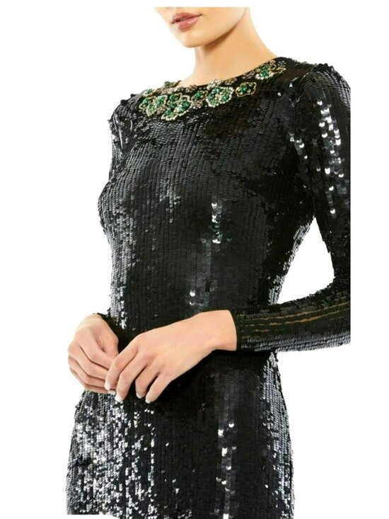 Mac Duggal Dresses & Skirts - Mac Duggal Size 10 Emerald Rhinestone Necklace Black Sequin LS Maxi Gown Dress N